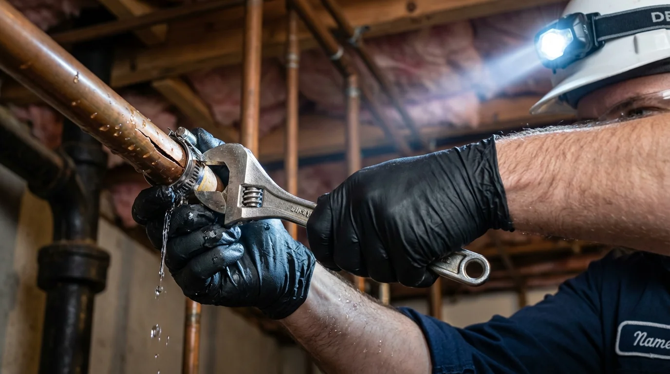 Emergency pipe clamp repair being performed by a Johns Plumbing LLC plumber in Pine Bluff