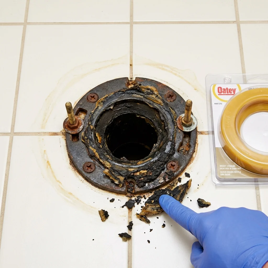 Failed wax ring showing water seepage at the base of a toilet in a Pine Bluff, AR home