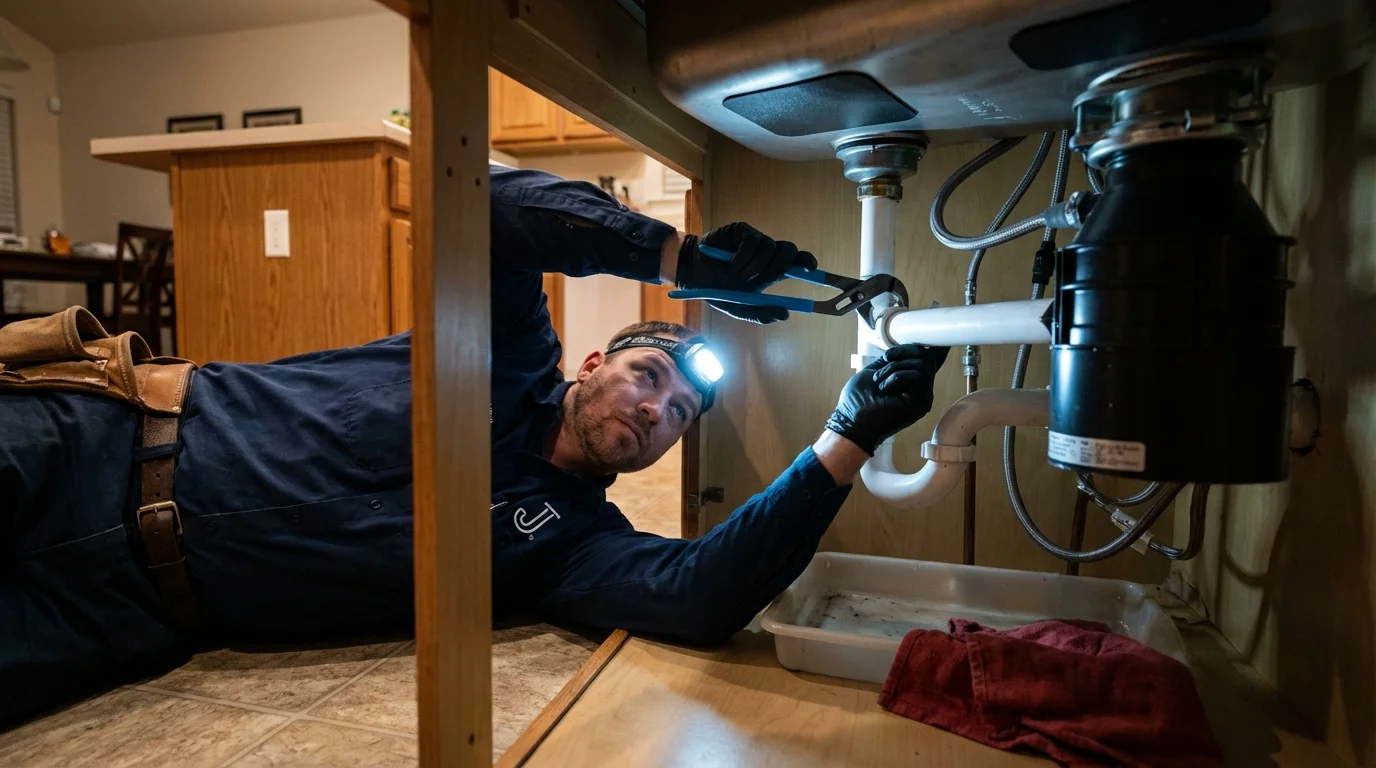 P-trap and supply line connections under a kitchen sink showing a common leak point in Pine Bluff, AR
